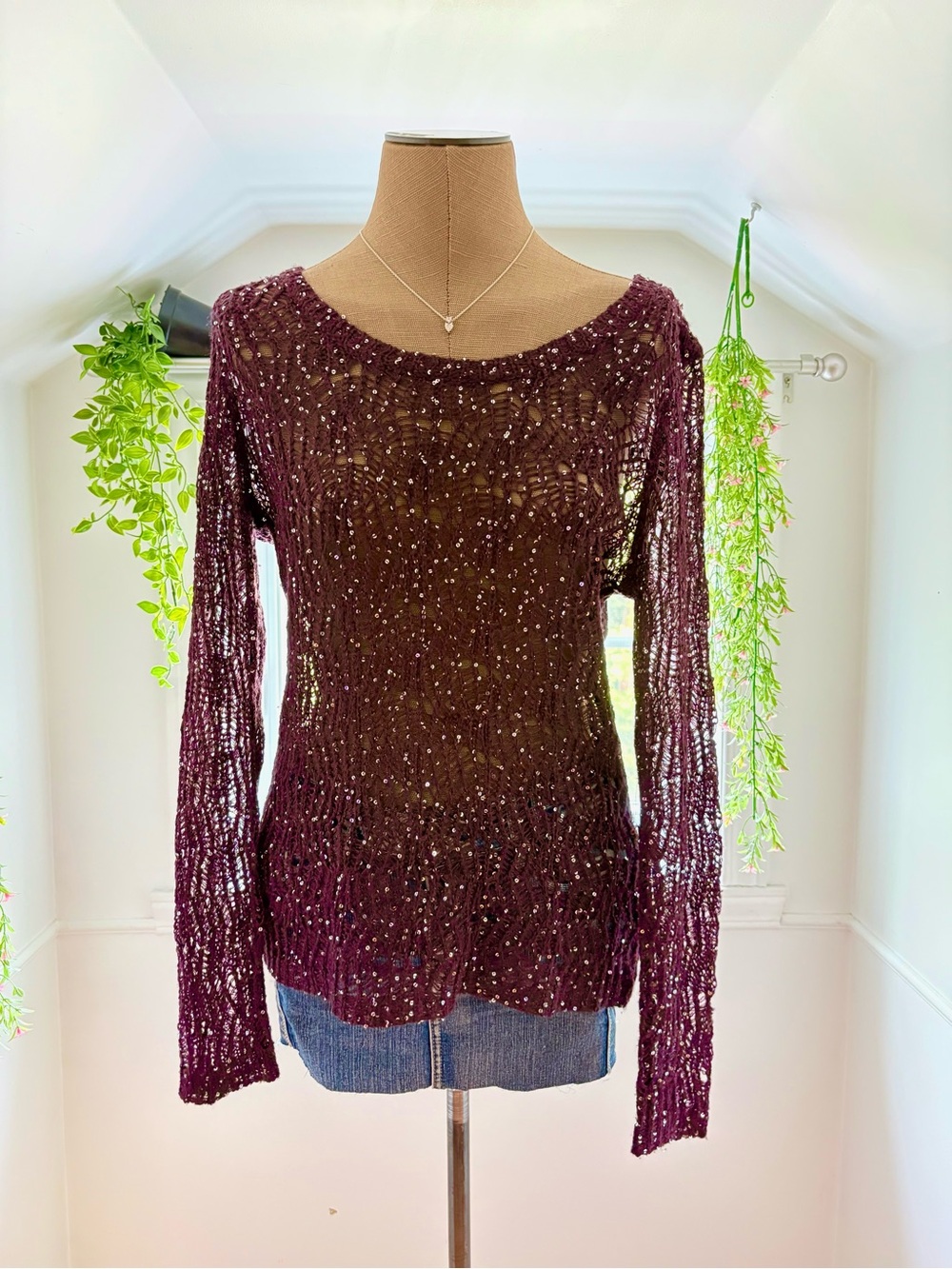 Le Château Sequined Open-Knit Sweater in Deep Plum